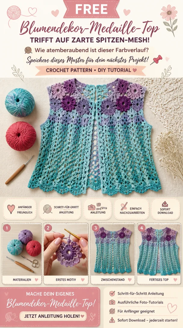 Blumendekor-Medaille-Top trifft auf zarte Spitzen-Mesh! 🧶 Wie atemberaubend ist dieser Farbverlauf? Speichere dieses Muster für dein nächstes Projekt! 📌