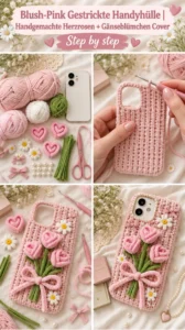 Handyhülle mit Rosen und Gänseblümchen stricken