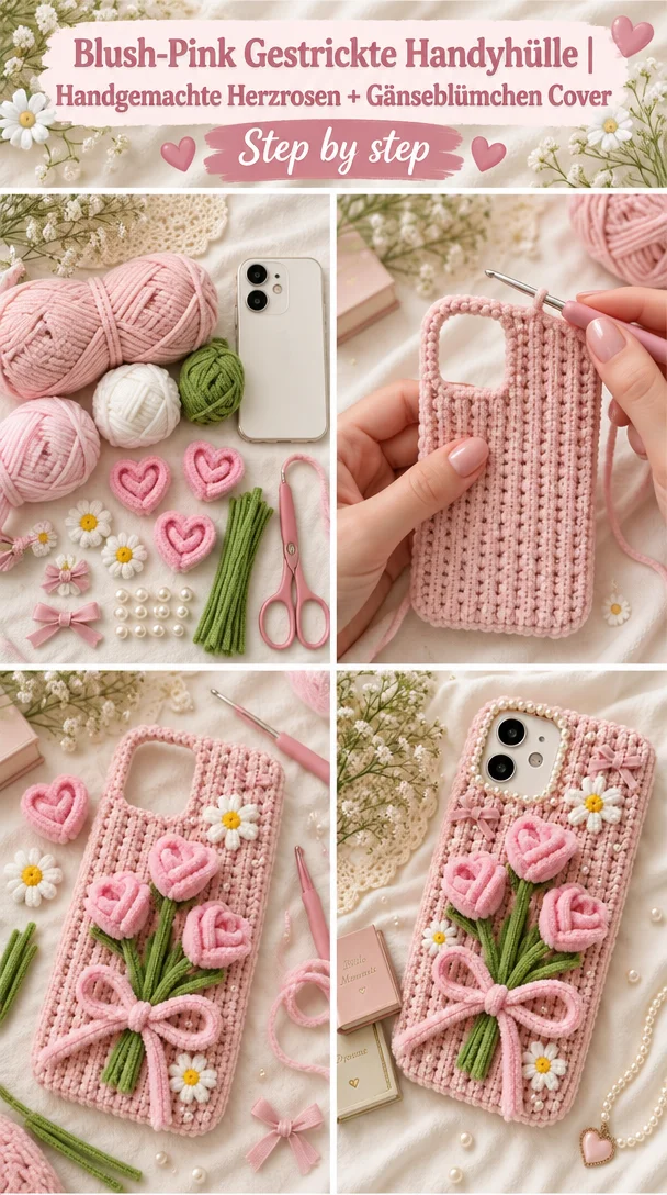 Handyhülle mit Rosen und Gänseblümchen stricken