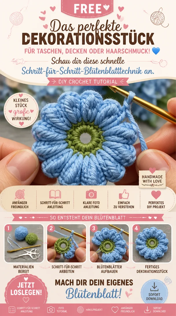 Das perfekte Dekorationsstück für Taschen, Decken oder Haarschmuck! 💙 Schau dir diese schnelle Schritt-für-Schritt-Blütenblatttechnik an.