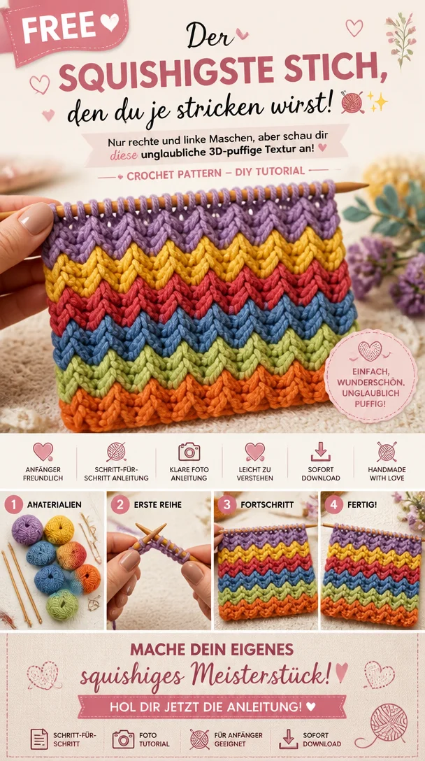 Der squishigste Stich, den du je stricken wirst! 🧶✨ Nur rechte und linke Maschen, aber schau dir diese unglaubliche 3D-puffige Textur an!