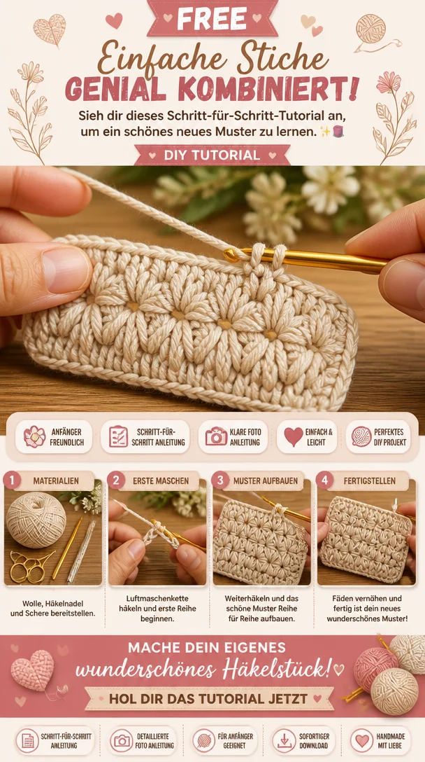 Einfache Stiche genial kombiniert! Sieh dir dieses Schritt-für-Schritt-Tutorial an, um ein schönes neues Muster zu lernen. ✨🧵