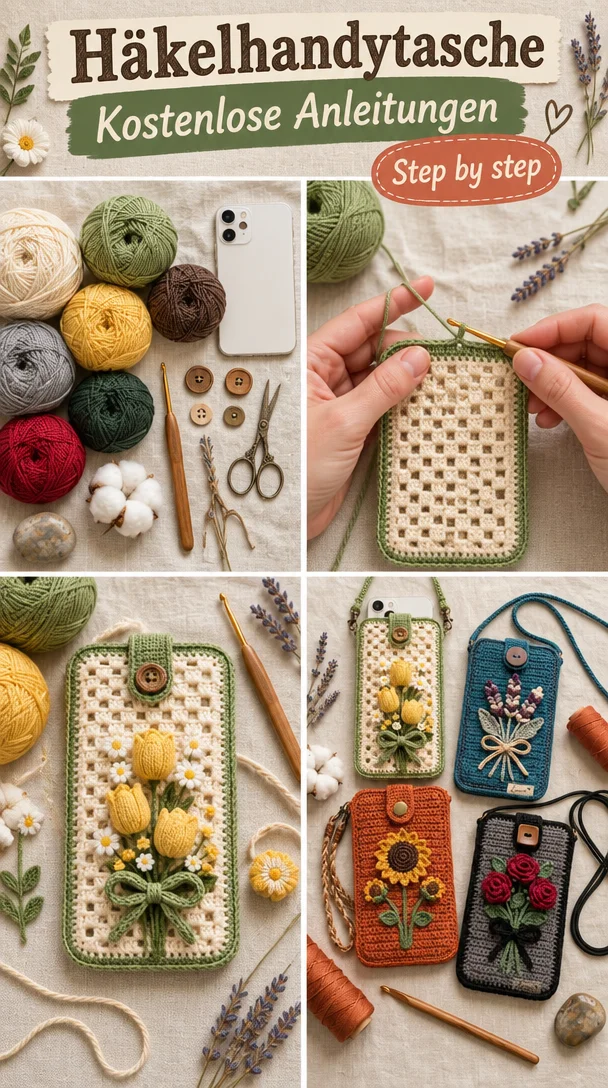Häkelhandytasche mit bunten Garn und Anleitung zum Häkeln