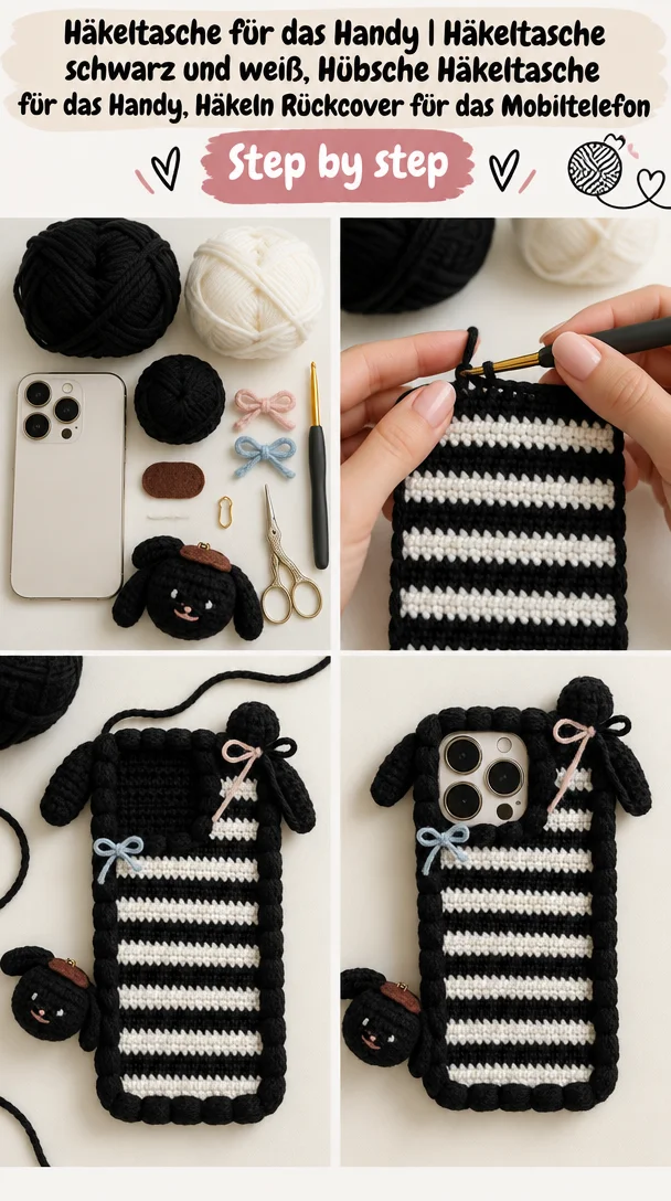 Häkeltasche für das Handy in schwarz und weiß, ideal für Mobiltelefone