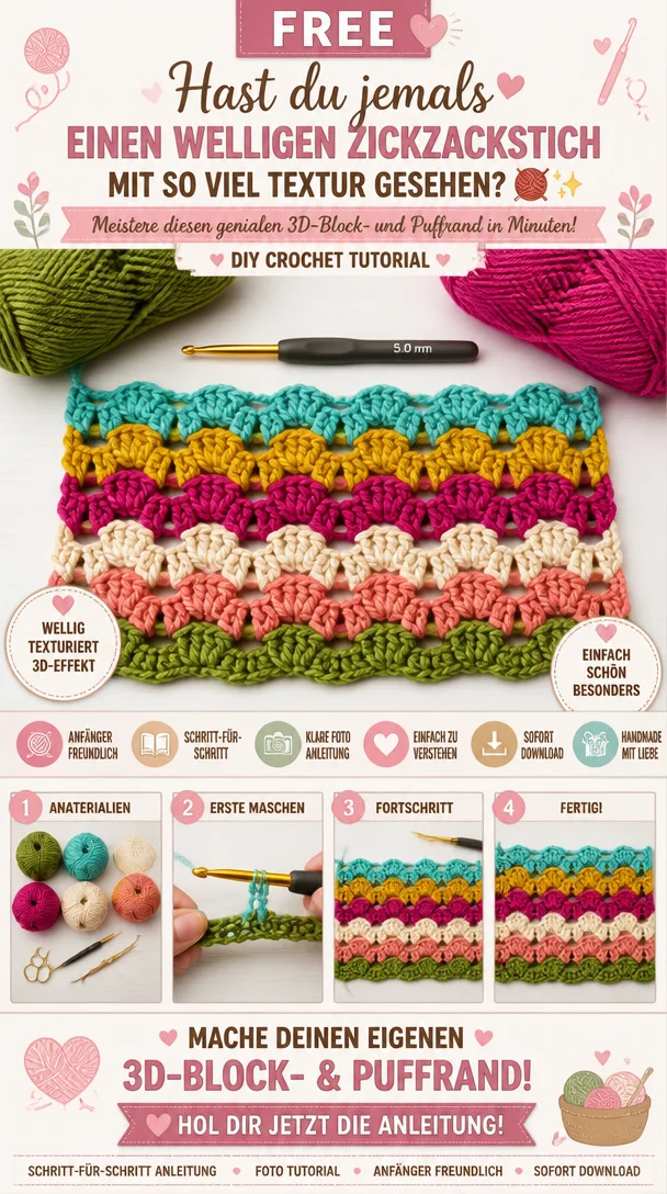 Hast du jemals einen welligen Zickzackstich mit so viel Textur gesehen? 🧶✨ Meistere diesen genialen 3D-Block- und Puffrand in Minuten!
