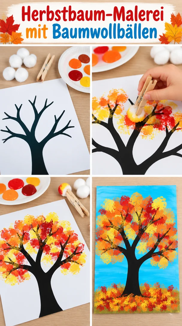 Herbstbaum-Malerei mit bunten Baumwollbällen in lebendigen Farben