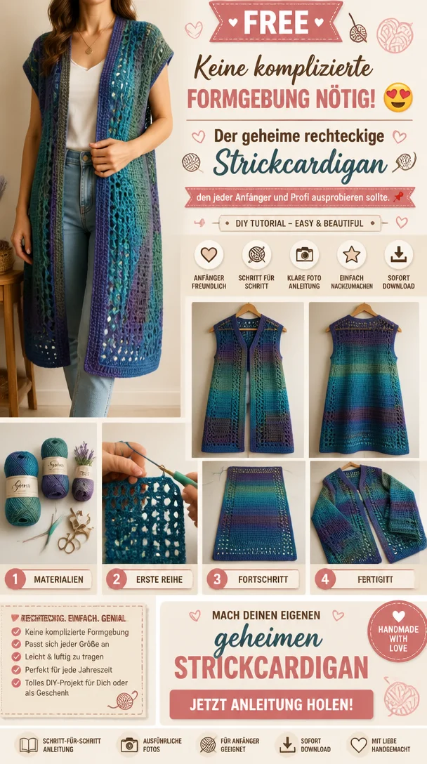 Keine komplizierte Formgebung nötig! 😍 Der geheime rechteckige Strickcardigan, den jeder Anfänger und Profi ausprobieren sollte. 📌
