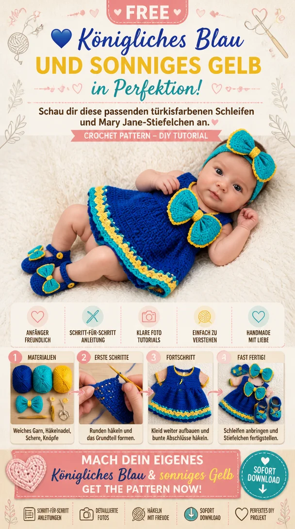 💙 Königliches Blau und sonniges Gelb in Perfektion! Schau dir diese passenden türkisfarbenen Schleifen und Mary Jane-Stiefelchen an.