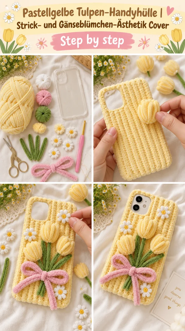 Pastellgelbe Tulpen-Handyhülle im Strick- und Gänseblümchen-Design