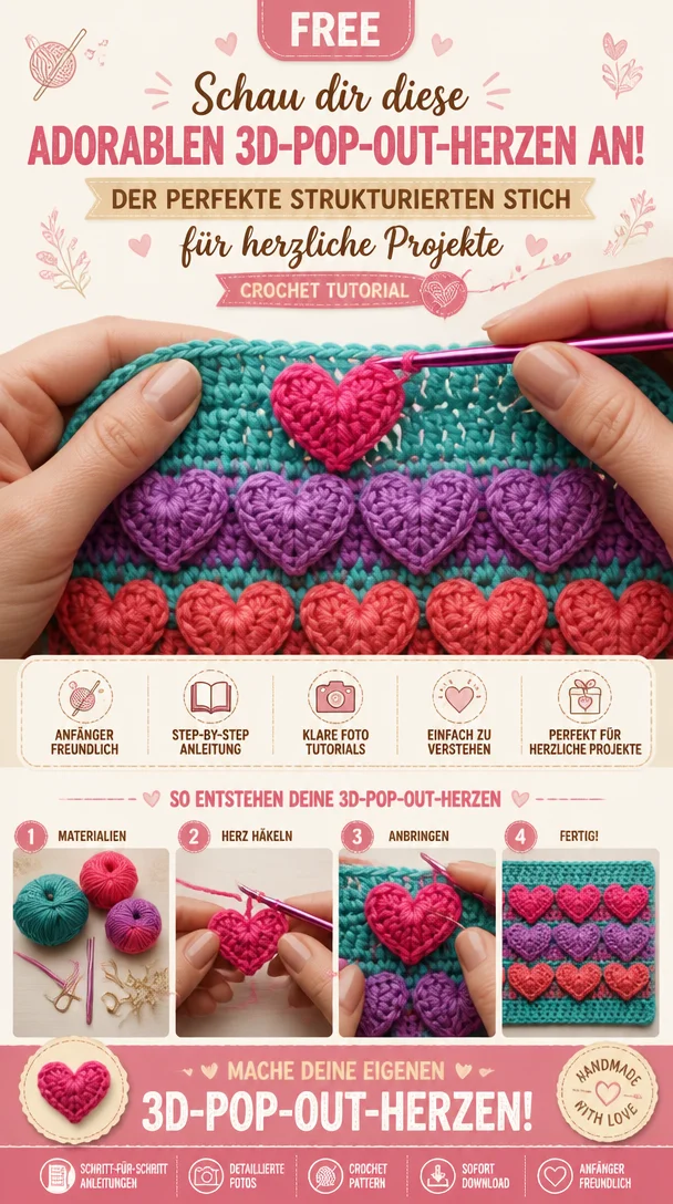 💖 Schau dir diese adorablen 3D-Pop-out-Herzen an! Der perfekte strukturierten Stich für herzliche Projekte.