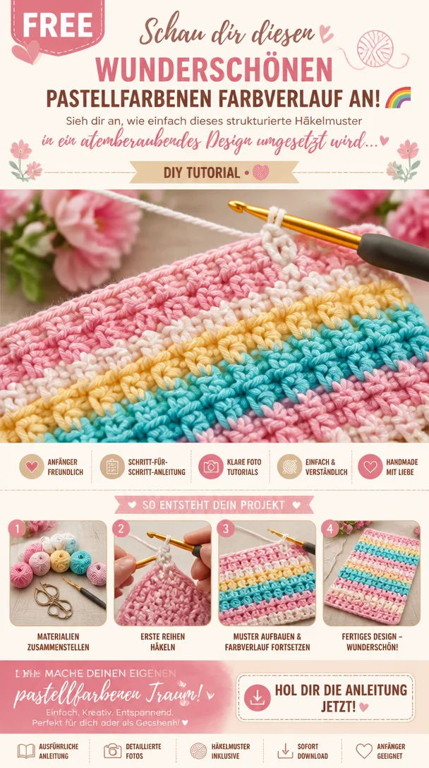 Schau dir diesen wunderschönen pastellfarbenen Farbverlauf an! 🌈 Sieh dir an, wie einfach dieses strukturierte Häkelmuster in ein atemberaubendes Design umgesetzt wird…