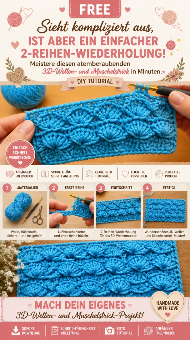 Sieht kompliziert aus, ist aber ein einfacher 2-Reihen-Wiederholung! 🧶✨ Meistere diesen atemberaubenden 3D-Wellen- und Muschelstrick in Minuten.
