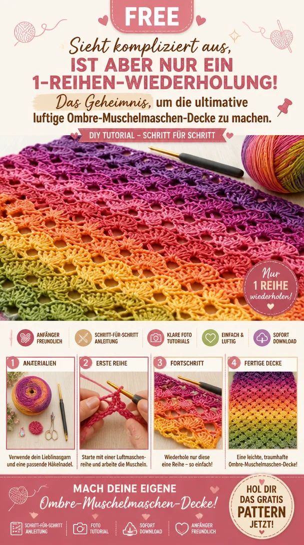 Sieht kompliziert aus, ist aber nur ein 1-Reihen-Wiederholung! ✨ Das Geheimnis, um die ultimative luftige Ombre-Muschelmaschen-Decke zu machen. 📌