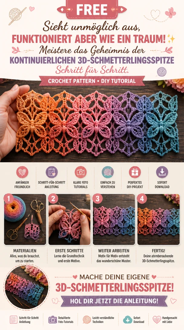 Sieht unmöglich aus, funktioniert aber wie ein Traum! ✨ Meistere das Geheimnis der kontinuierlichen 3D-Schmetterlingsspitze Schritt für Schritt. 🧶