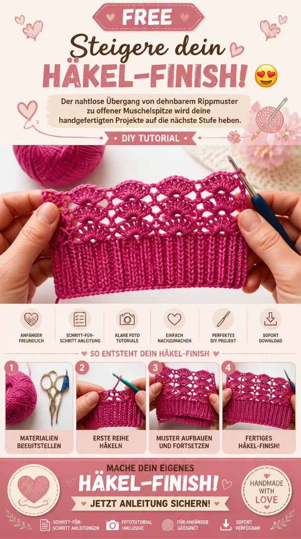 Steigere dein Häkel-Finish! 😍 Der nahtlose Übergang von dehnbarem Rippmuster zu offener Muschelspitze wird deine handgefertigten Projekte auf die nächste Stufe heben.