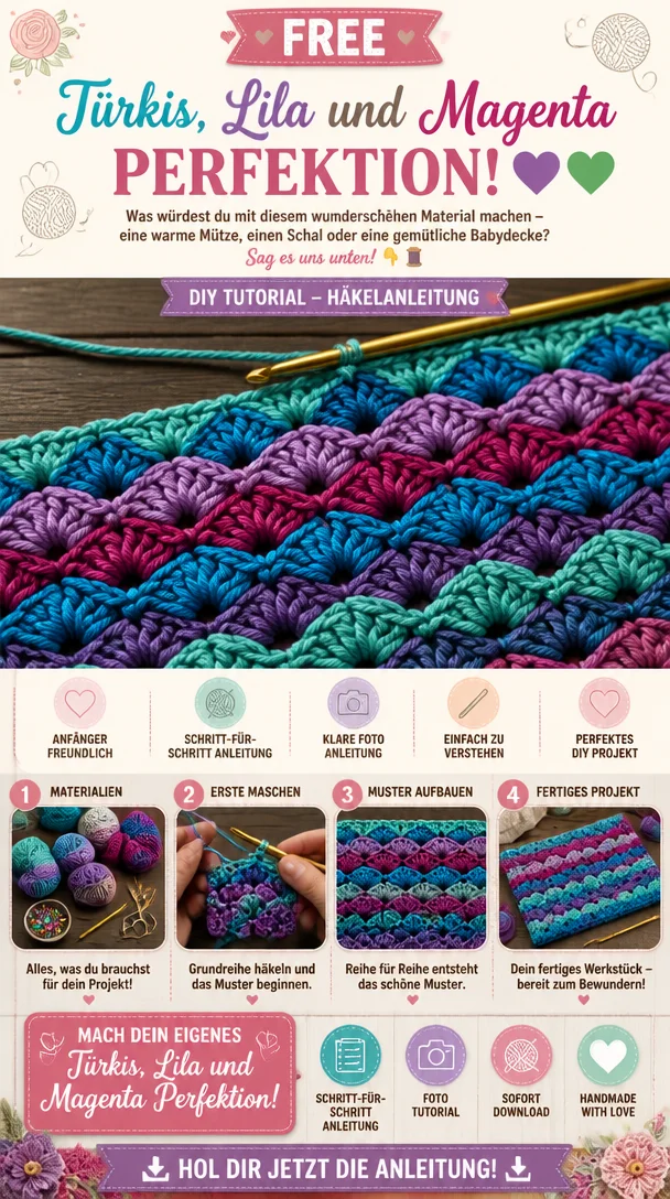 Türkis, Lila und Magenta Perfektion! 💜💚 Was würdest du mit diesem wunderschönen Material machen – eine warme Mütze, einen Schal oder eine gemütliche Babydecke? Sag es uns unten! 👇🧵