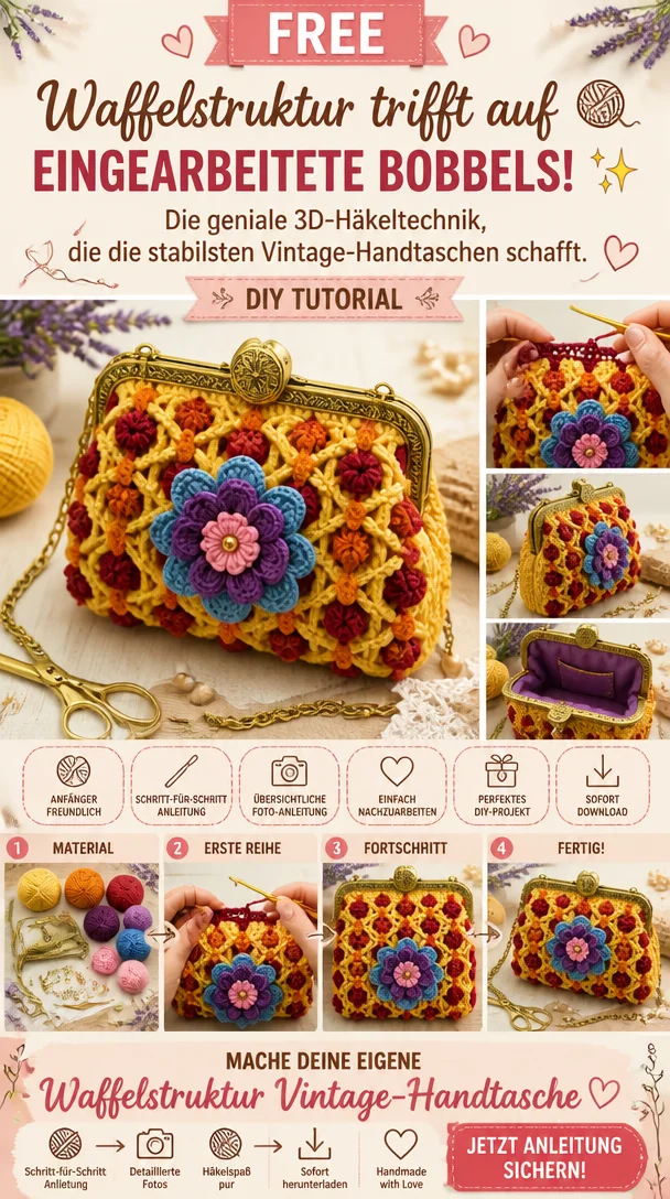 Waffelstruktur trifft auf eingearbeitete Bobbels! 🧶✨ Die geniale 3D-Häkeltechnik, die die stabilsten Vintage-Handtaschen schafft.