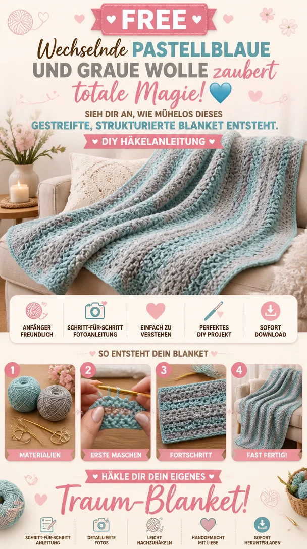 Wechselnde pastellblaue und graue Wolle zaubert totale Magie! 🩵 Sieh dir an, wie mühelos dieses gestreifte, strukturierte Blanket entsteht.