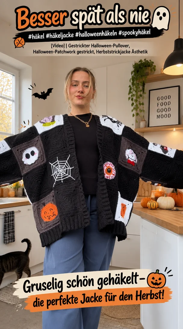 Häkeljacke für Halloween in gruseligem Stil