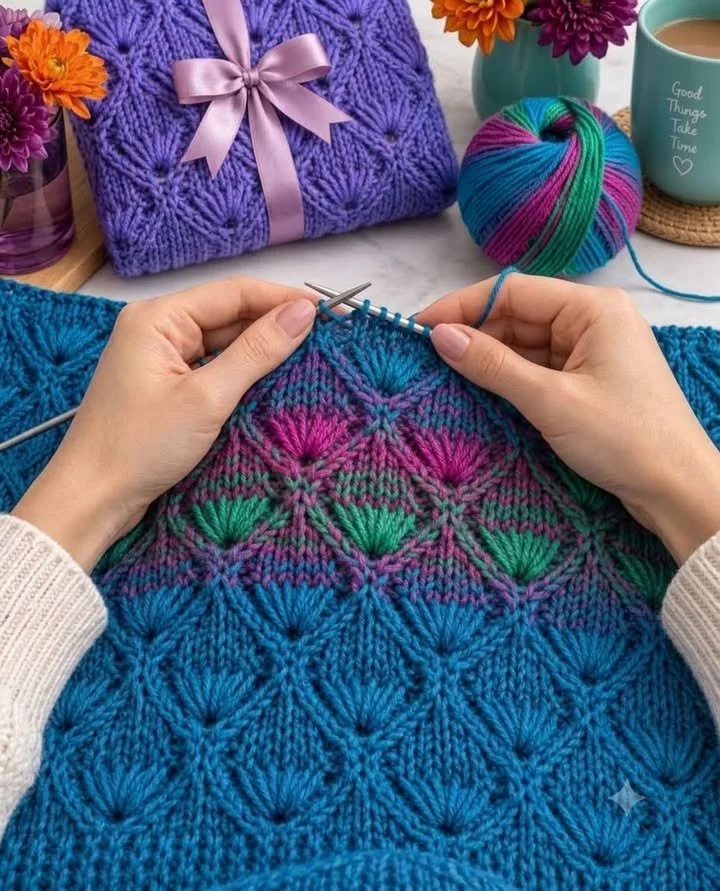 Sieh zu, wie die Blumen erblühen, während sich die Wolle färbt! 🌸💙 Das Geheimnis, selbststreifende Farbverlaufsgarne mit erhabenem Diamantsmocking zu kombinieren.