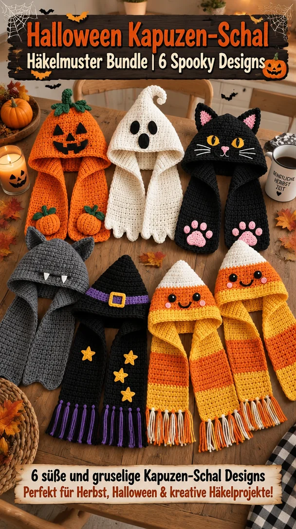Halloween Kapuzen-Schal mit 6 spookigen Häkelmustern für besondere Anlässe
