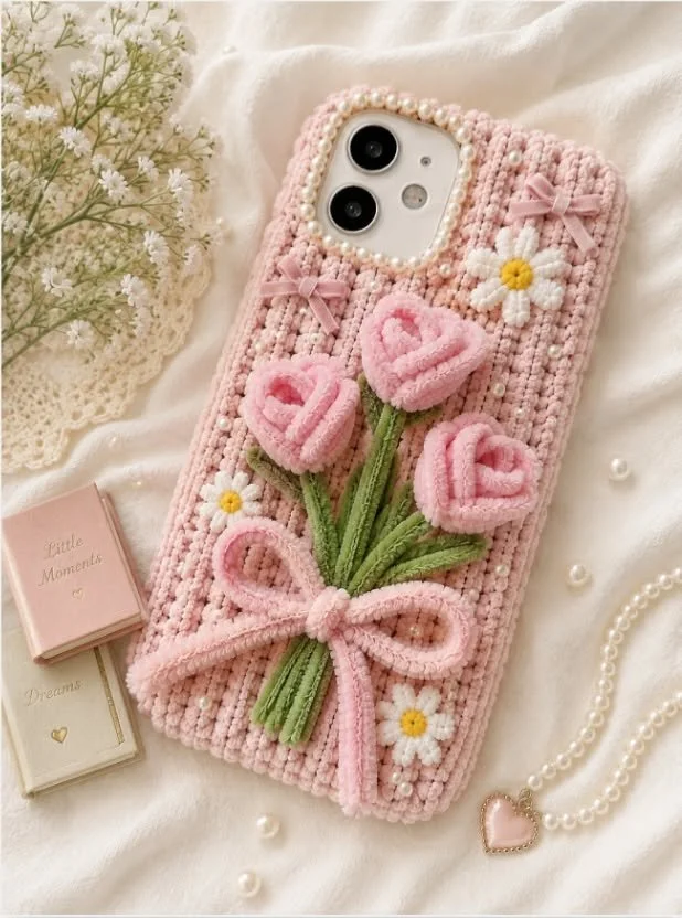 Blush-Pink Gestrickte Handyhülle | Handgemachte Herzrosen + Gänseblümchen Cover