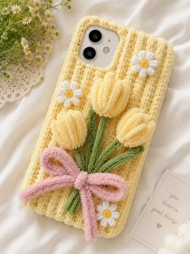 Pastellgelbe Tulpen-Handyhülle | Strick- und Gänseblümchen-Ästhetik Cover