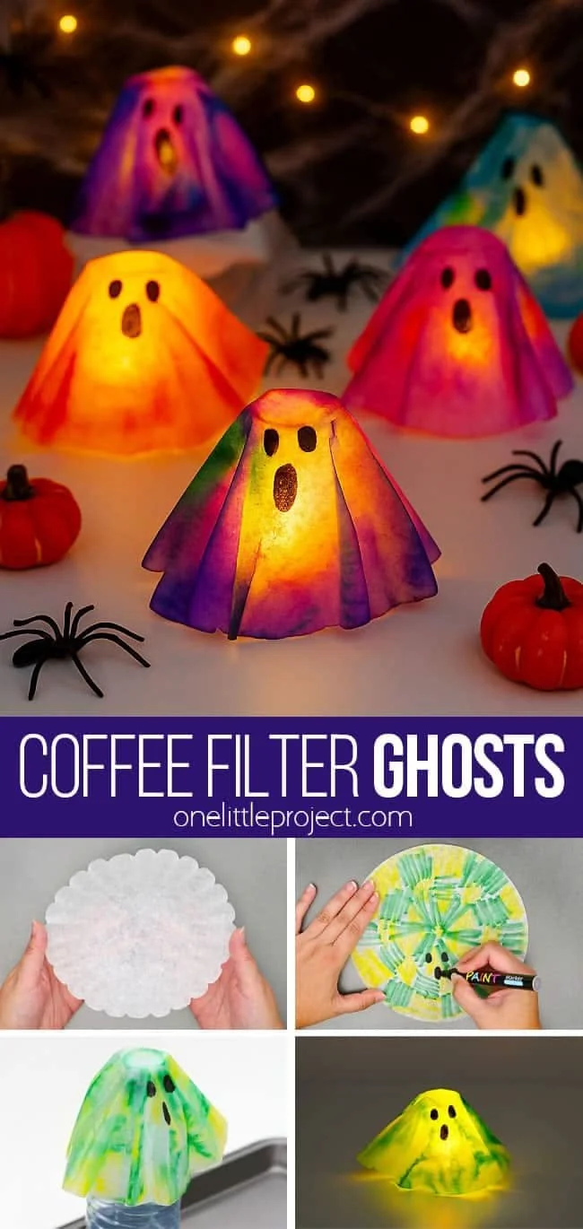 Diese Kaffeefilter-Geister sind SO SÜß – und sie leuchten!! Verwende Kaffeefilter, waschbare Marker und eine Teelicht, um… | Einfache Halloween-Kunst und -Handwerk für Kinder, Kaffeefilter Halloween, Halloween-Handwerk für Vorschulkinder